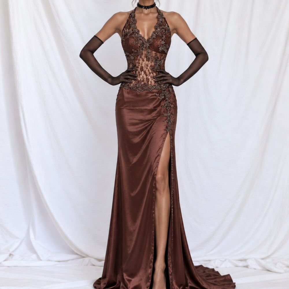 Vintage Y2K Brown Lace Beaded Halter Side Slit Satin Maxi Bodycon Dress Size S